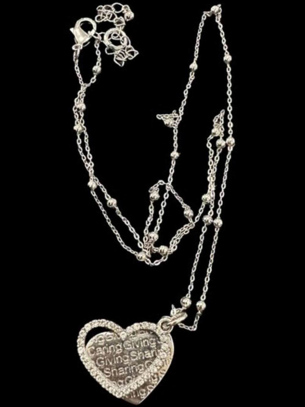Silver Heart Pendant Necklace With Rhinestone Heart Engraved Caring Giving